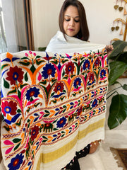 Cream Handwoven Woollen Shawl with Thread and Foil Mirror Handwork