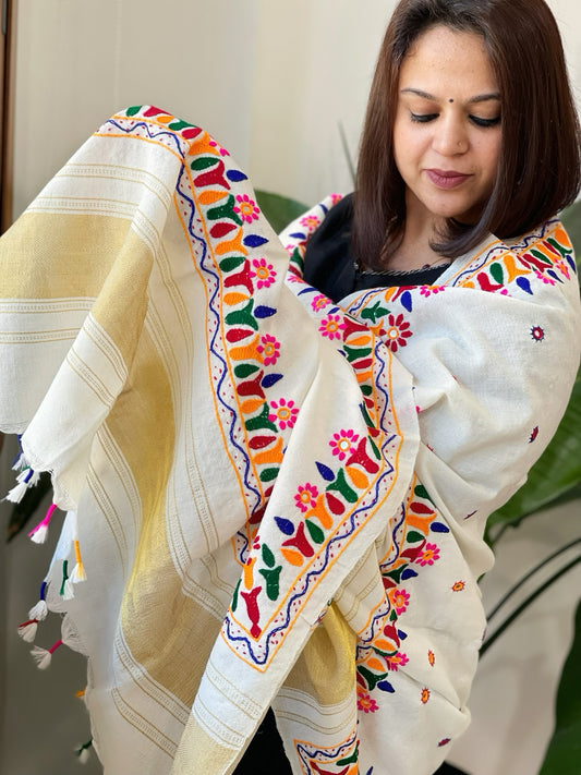 Cream Handwoven Woollen Shawl with Thread and Foil Mirror Handwork