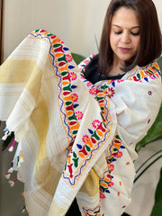 Cream Handwoven Woollen Shawl with Thread and Foil Mirror Handwork