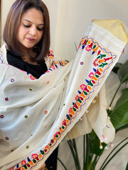 Cream Handwoven Woollen Shawl with Thread and Foil Mirror Handwork