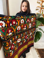 Black Handwoven Woollen Shawl with Thread and Foil Mirror Handwork