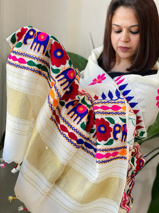 Cream Handwoven Woollen Shawl with Thread and Foil Mirror Handwork