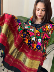 Black Handwoven Woollen Shawl with Thread and Foil Mirror Handwork