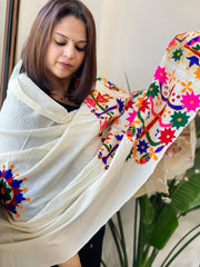 Cream Handwoven Woollen Shawl with Thread and Foil Mirror Handwork