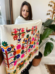 Cream Handwoven Woollen Shawl with Thread and Foil Mirror Handwork