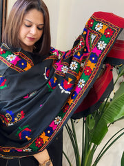 Black Handwoven Woollen Shawl with Thread and Foil Mirror Handwork