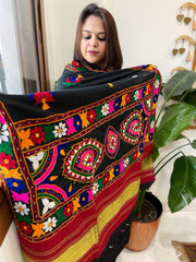 Black Handwoven Woollen Shawl with Thread and Foil Mirror Handwork