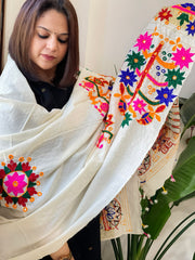 Cream Handwoven Woollen Shawl with Thread and Foil Mirror Handwork