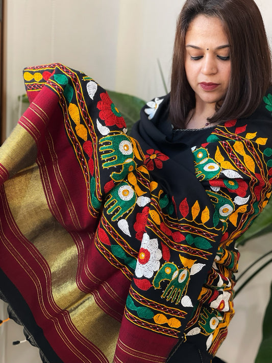 Black Handwoven Woollen Shawl with Thread and Foil Mirror Handwork