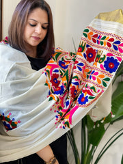 Cream Handwoven Woollen Shawl with Thread and Foil Mirror Handwork