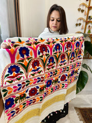 Cream Handwoven Woollen Shawl with Thread and Foil Mirror Handwork