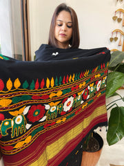 Black Handwoven Woollen Shawl with Thread and Foil Mirror Handwork