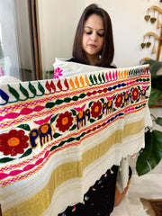 Cream Handwoven Woollen Shawl with Thread and Foil Mirror Handwork