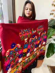 Maroon Handwoven Woollen Shawl with Thread and Foil Mirror Handwork