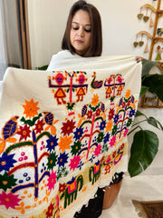 Cream Handwoven Woollen Shawl with Thread and Foil Mirror Handwork