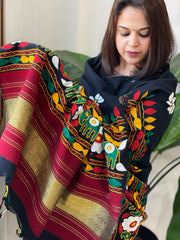 Black Handwoven Woollen Shawl with Thread and Foil Mirror Handwork