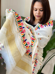 Cream Handwoven Woollen Shawl with Thread and Foil Mirror Handwork