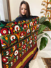 Black Handwoven Woollen Shawl with Thread and Foil Mirror Handwork