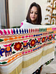 Cream Handwoven Woollen Shawl with Thread and Foil Mirror Handwork