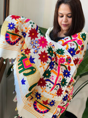 Cream Handwoven Woollen Shawl with Thread and Foil Mirror Handwork