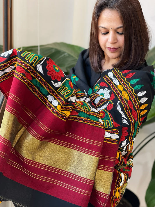 Black Handwoven Woollen Shawl with Thread and Foil Mirror Handwork