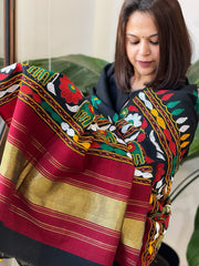 Black Handwoven Woollen Shawl with Thread and Foil Mirror Handwork