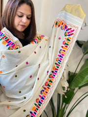 Cream Handwoven Woollen Shawl with Thread and Foil Mirror Handwork