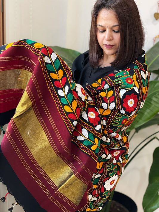 Black Handwoven Woollen Shawl with Thread and Foil Mirror Handwork