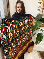 Black Handwoven Woollen Shawl with Thread and Foil Mirror Handwork