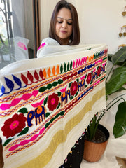 Cream Handwoven Woollen Shawl with Thread and Foil Mirror Handwork