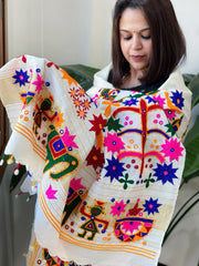 Cream Handwoven Woollen Shawl with Thread and Foil Mirror Handwork