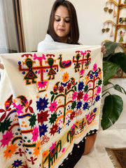 Cream Handwoven Woollen Shawl with Thread and Foil Mirror Handwork