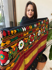 Black Handwoven Woollen Shawl with Thread and Foil Mirror Handwork