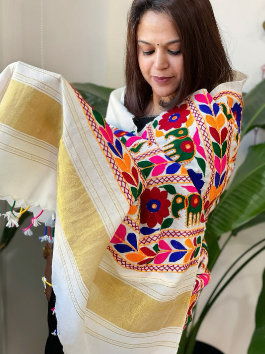 Cream Handwoven Woollen Shawl with Thread and Foil Mirror Handwork