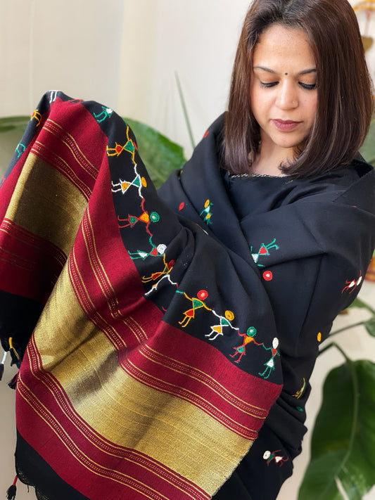 Black Handwoven Woollen Shawl with Thread and Foil Mirror Handwork