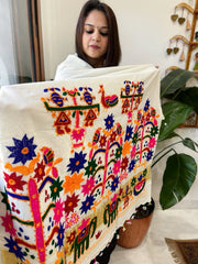 Cream Handwoven Woollen Shawl with Thread and Foil Mirror Handwork
