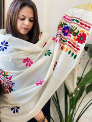 Cream Handwoven Woollen Shawl with Thread and Foil Mirror Handwork