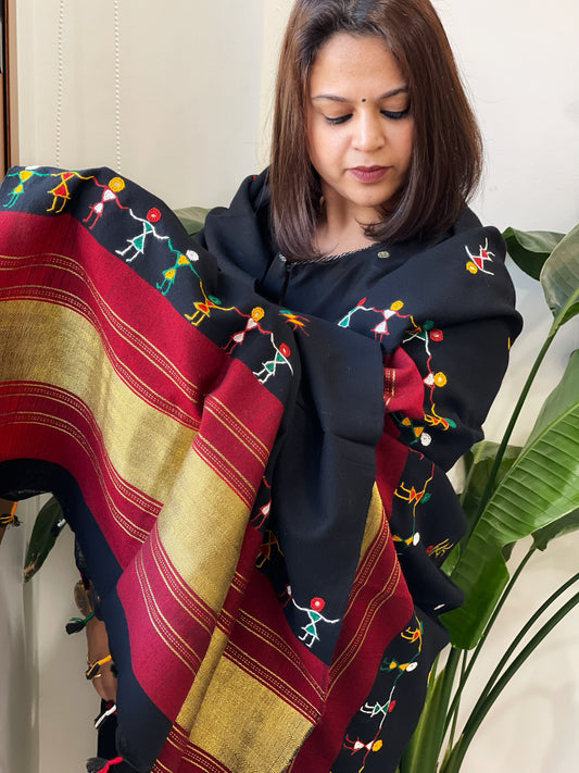 Black Handwoven Woollen Shawl with Thread and Foil Mirror Handwork