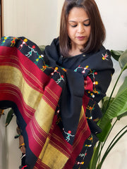 Black Handwoven Woollen Shawl with Thread and Foil Mirror Handwork