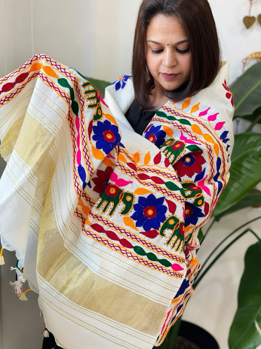 Cream Handwoven Woollen Shawl with Thread and Foil Mirror Handwork