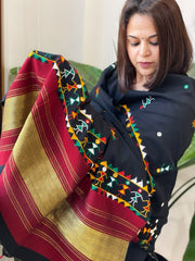 Black Handwoven Woollen Shawl with Thread and Foil Mirror Handwork