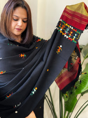 Black Handwoven Woollen Shawl with Thread and Foil Mirror Handwork