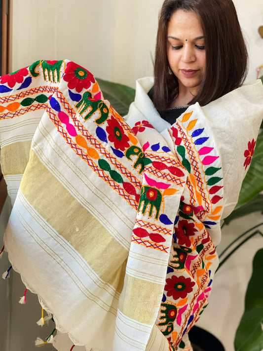 Cream Handwoven Woollen Shawl with Thread and Foil Mirror Handwork