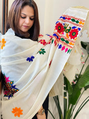 Cream Handwoven Woollen Shawl with Thread and Foil Mirror Handwork