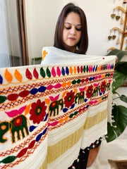 Cream Handwoven Woollen Shawl with Thread and Foil Mirror Handwork