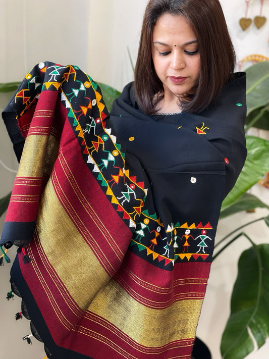 Black Handwoven Woollen Shawl with Thread and Foil Mirror Handwork