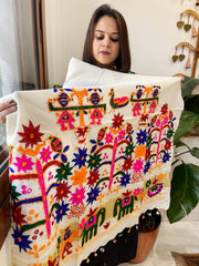 Cream Handwoven Woollen Shawl with Thread and Foil Mirror Handwork