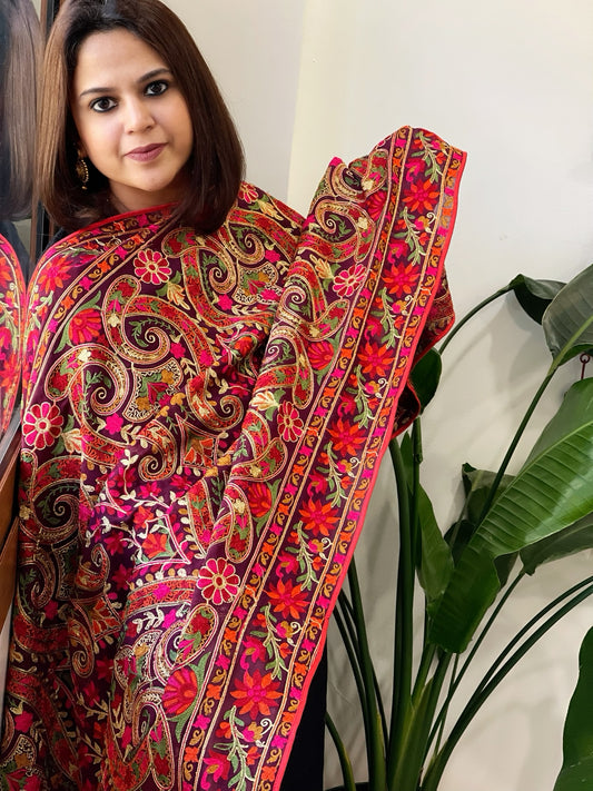 Wine Kashmiri Aari Embroidery dupatta in Georgette