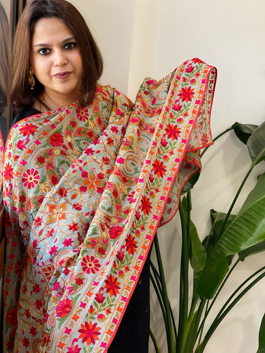 Grey Kashmiri Aari Embroidery dupatta in Georgette