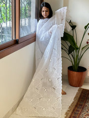 White Jaal Cut Work Dupatta in Kota Cotton